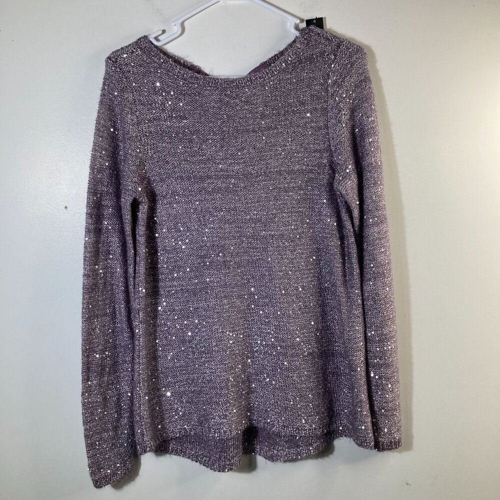 Womens The Limited Sweater Sequins Tie Back Neck Ribbon Purple M NWT
